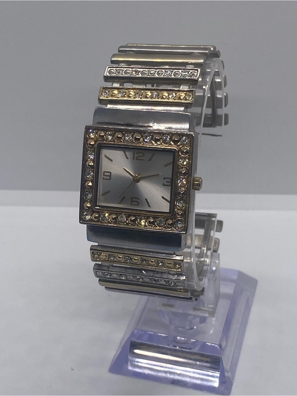 Two-Tone Silver and Gold Crystal Square Face Watch